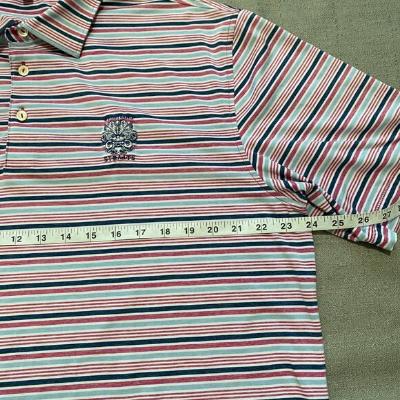Peter Millar Summer Comfort Polo Shirt Large Pink Blue Stripe Wristling Straits - Picture 4 of 15